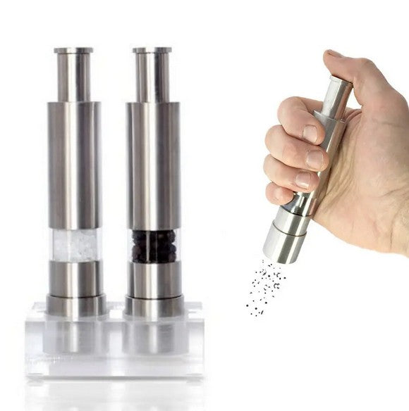 Premium One-Handed Salt & Pepper Grinder Set | Stainless Steel + Acrylic Stand | Gift-Ready Box