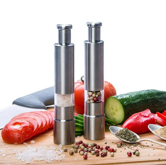 Premium One-Handed Salt & Pepper Grinder Set | Stainless Steel + Acrylic Stand | Gift-Ready Box