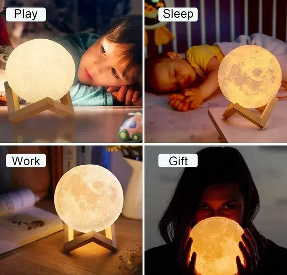 3D Moon Lamp with Wooden Stand | Touch Control Night Light | Realistic Lunar Surface Glow