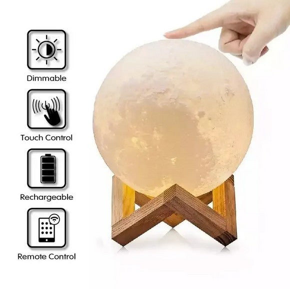 3D Moon Lamp with Wooden Stand | Touch Control Night Light | Realistic Lunar Surface Glow